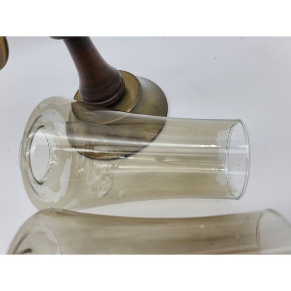 Vintage Mid Century Brass & Wood Double Arm Candle Holder w/Glass Shades - Picture 10 of 10